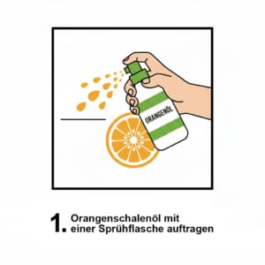 Fläche lüften, Orangenschalenöl aufsprühen. Überölung entfernen – Orangenschalenöl auftragen