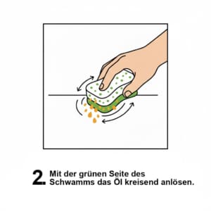 Mit grünem Schleifvlies/Schwamm kreisend anlösen. Klebriges Öl mit Schleifvlies anlösen