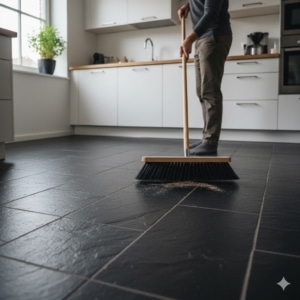 Steinboden im Bad wird mit pH-neutralem Reiniger von naturalfarben.at gewischt